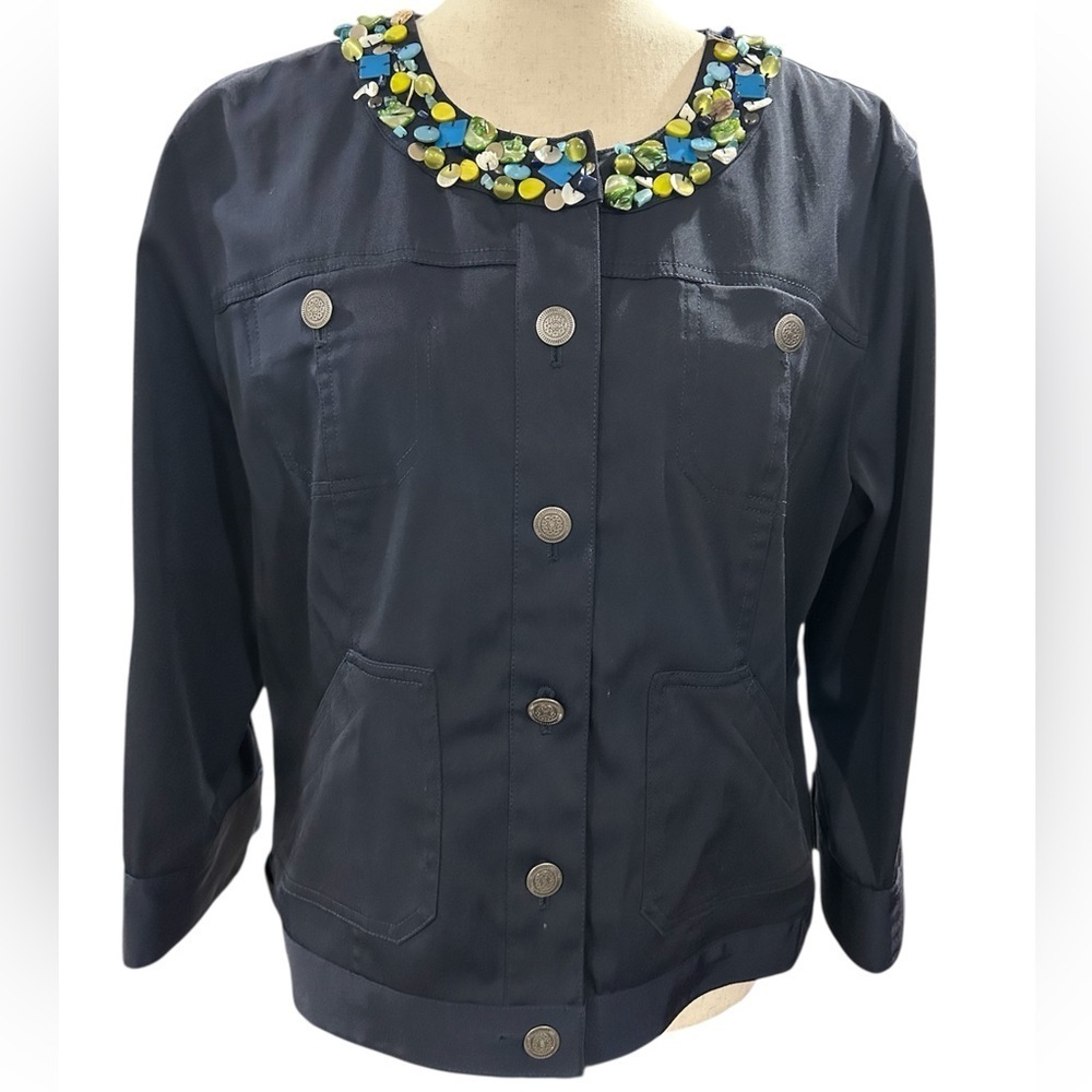 Ruby Rd Embellished Beaded Collar Navy Jacket Size 14